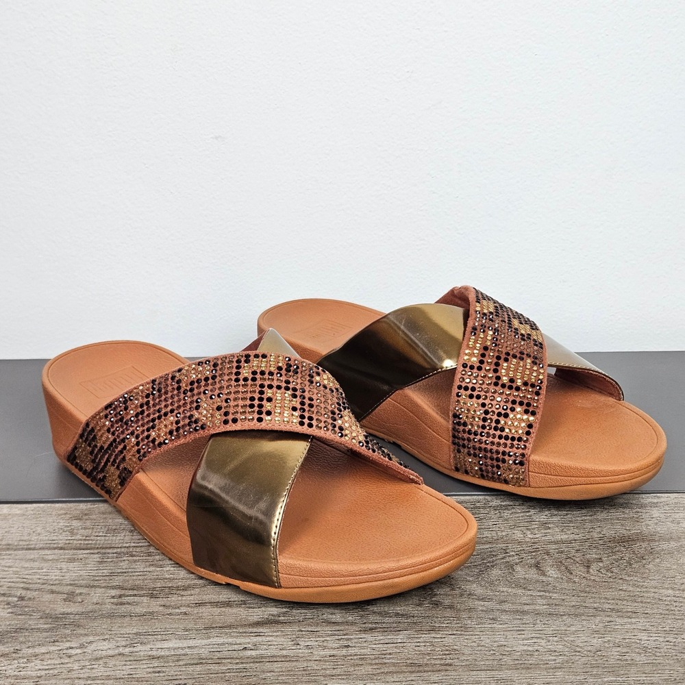 FitFlop Lulu Sandals Sz 9 Bronze Gold Metallic Rhinestone Cross Slide 001-012